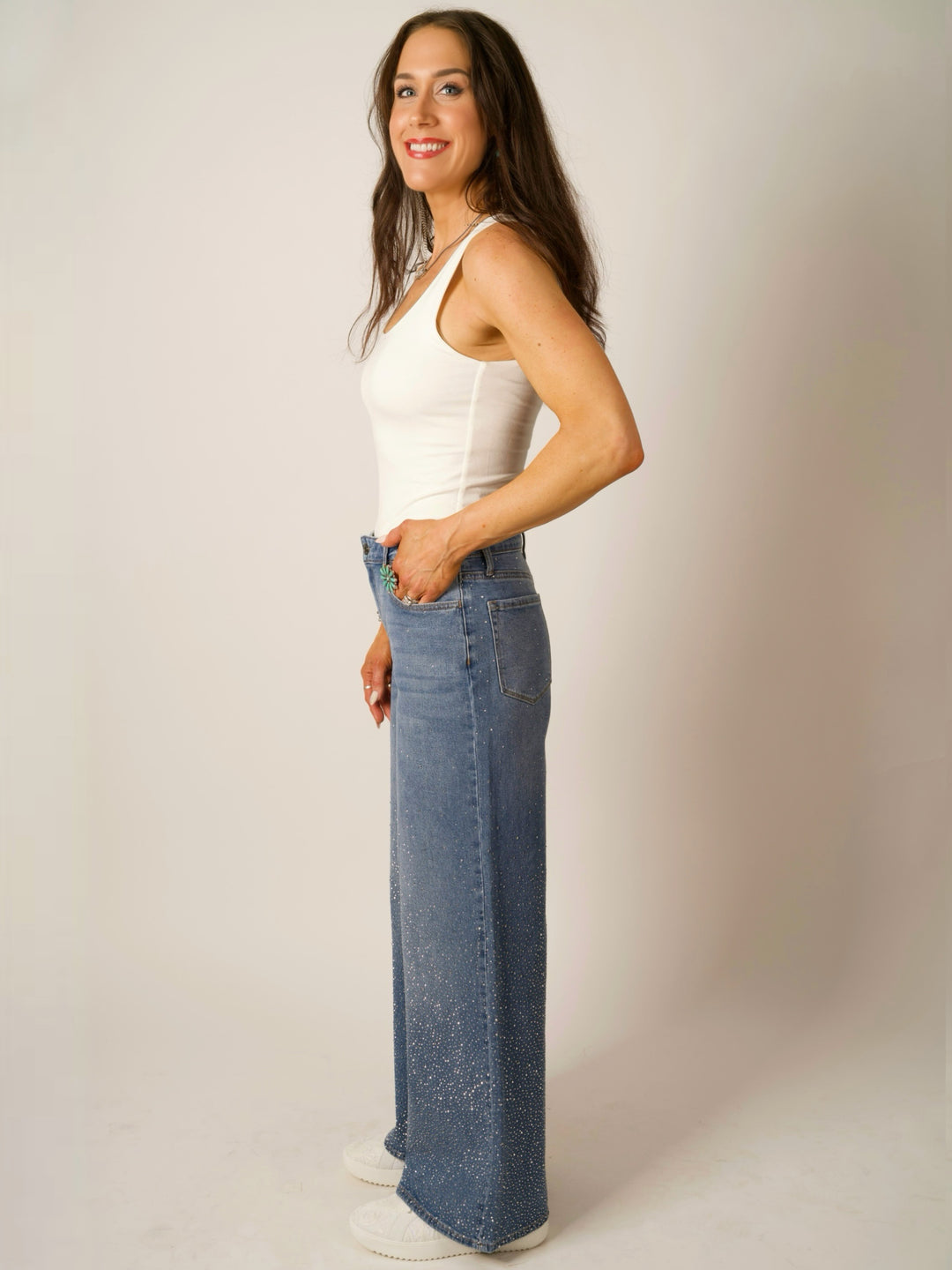 Medium Wash Rhinestone Wide Leg Jeans