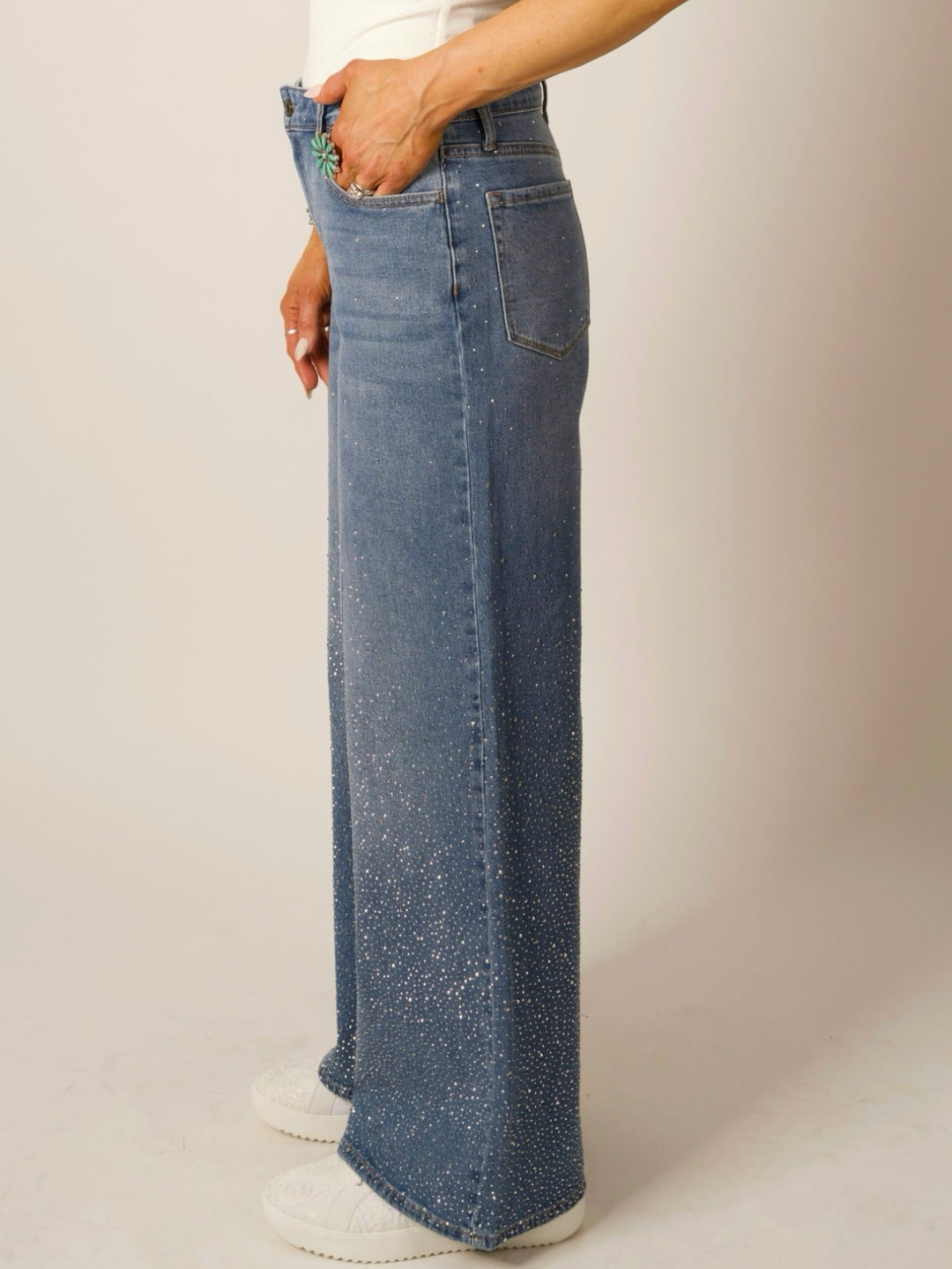Medium Wash Rhinestone Wide Leg Jeans