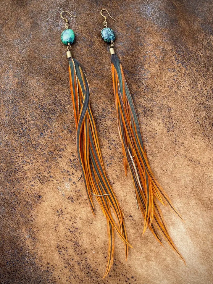Turquoise Stone & Fawn Long Feather Earrings