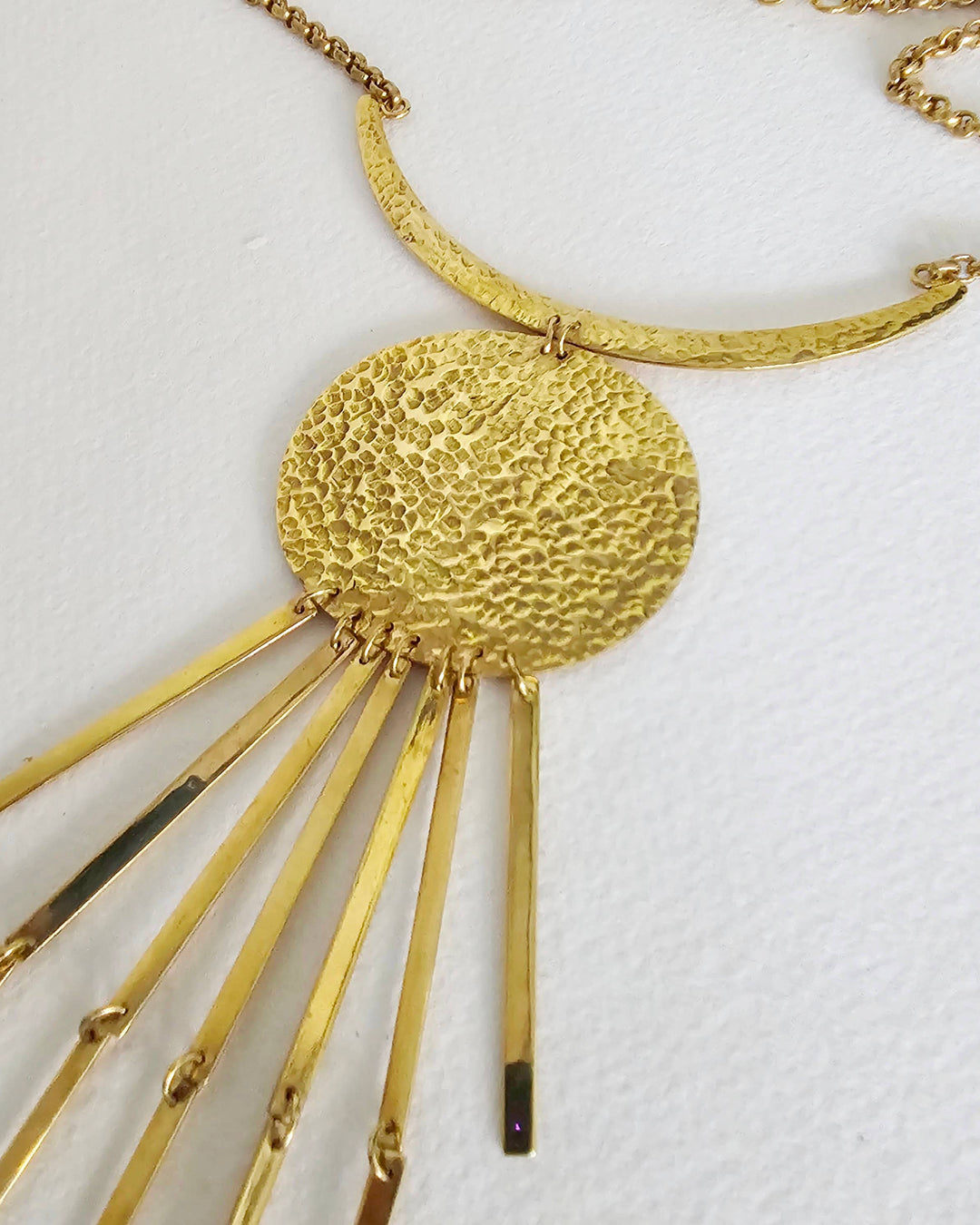 Moon Rays Hammered Brass Long Collar Necklace