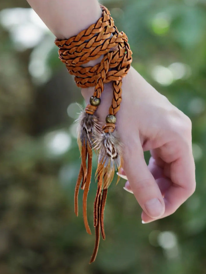 Versatile Rust Braided Deerskin Leather Necklace with Pheasant Feathers