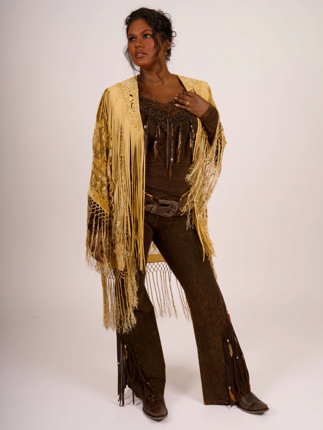 Handcrafted Palomino Deerskin Leather Shoulder Fringe Collar by Pat Dahnke