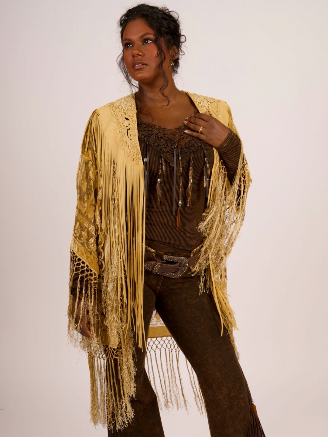 Handcrafted Palomino Deerskin Leather Shoulder Fringe Collar by Pat Dahnke
