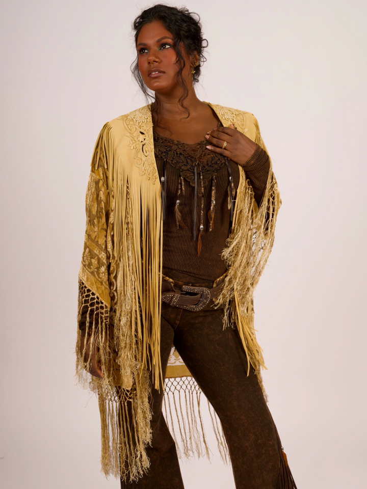 Handcrafted Palomino Deerskin Leather Shoulder Fringe Collar by Pat Dahnke