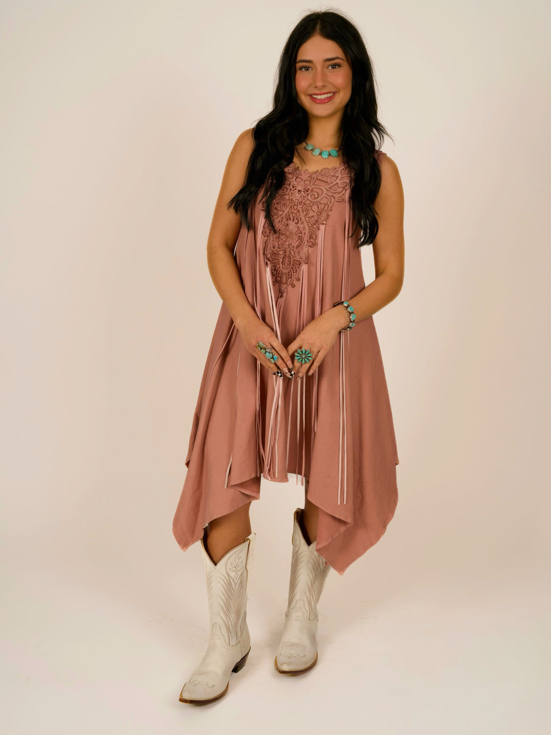 Pink Shark Bite Sleeveless Designer Dress with Pigsuede Fringe & Lace Neckline