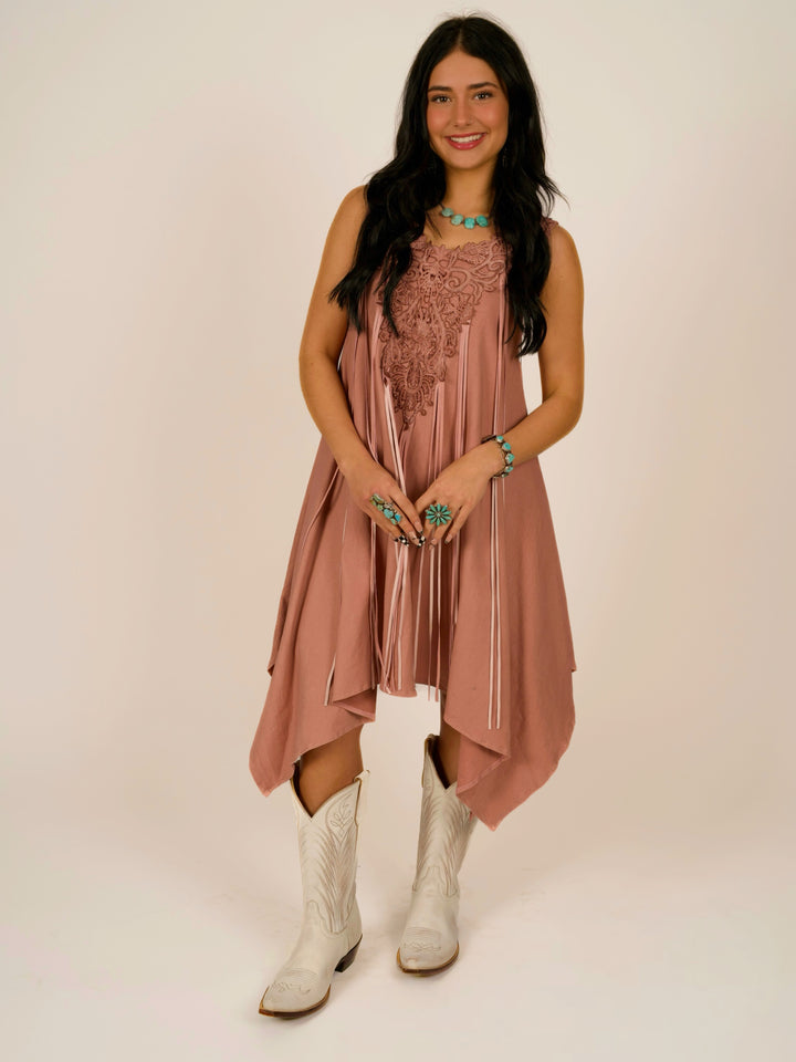 Pink Shark Bite Sleeveless Designer Dress with Pigsuede Fringe & Lace Neckline