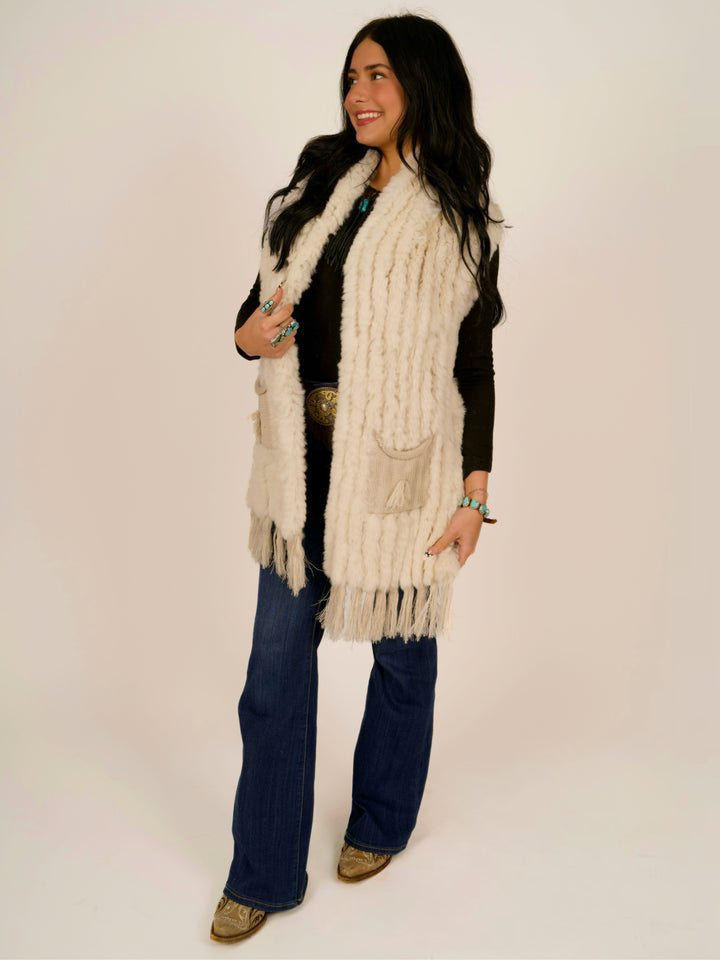 Ivory Rex Rabbit Pocket Shawl Fur Vest