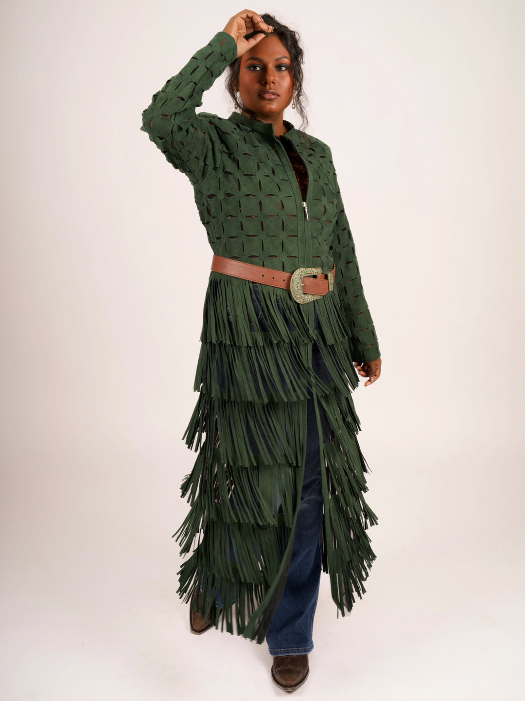 Genuine Suede Leather Laser-Cut Fringe Duster Jacket