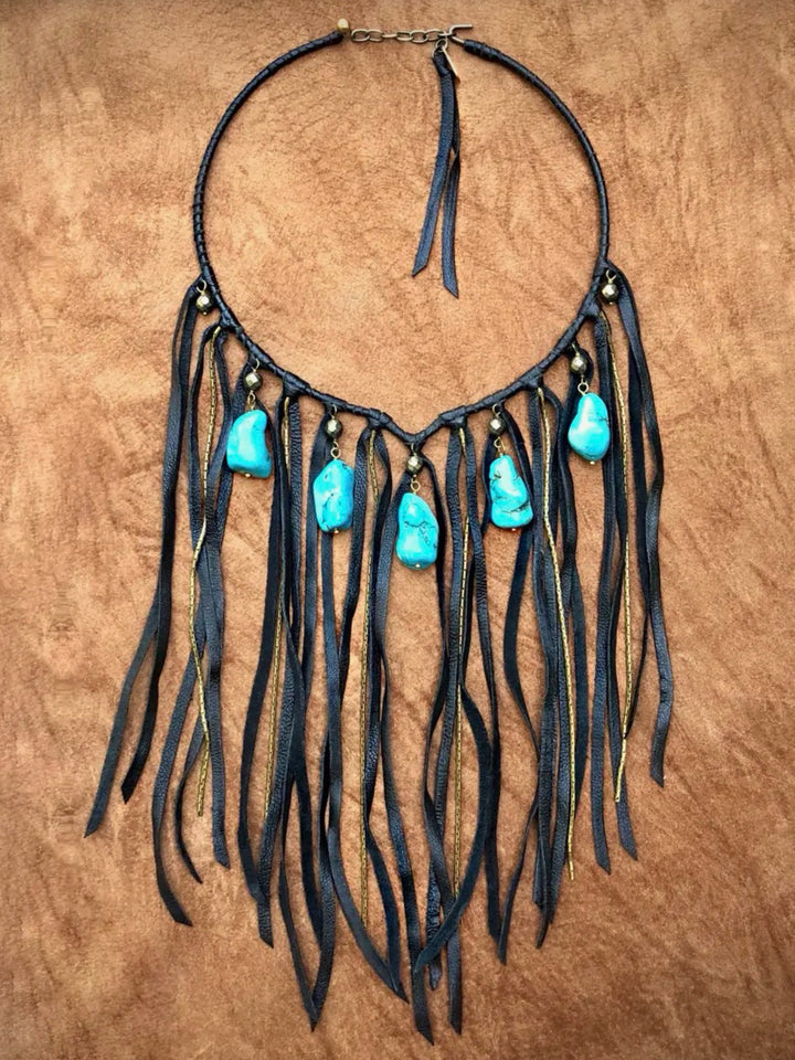 Black Leather  & Turquoise Stone Fringe Collar Necklace