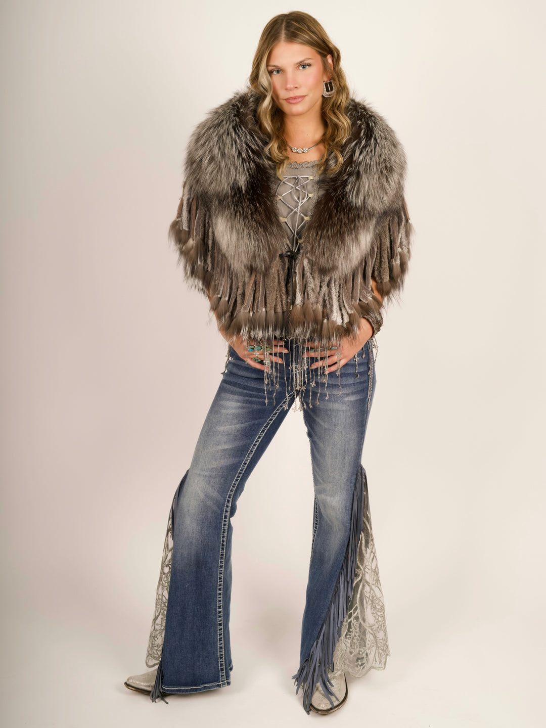 Lace Inset with Fringe Flare Jeans