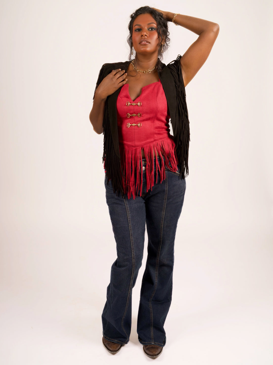 Handcrafted Black Suede Leather Fringe Shoulder Collar