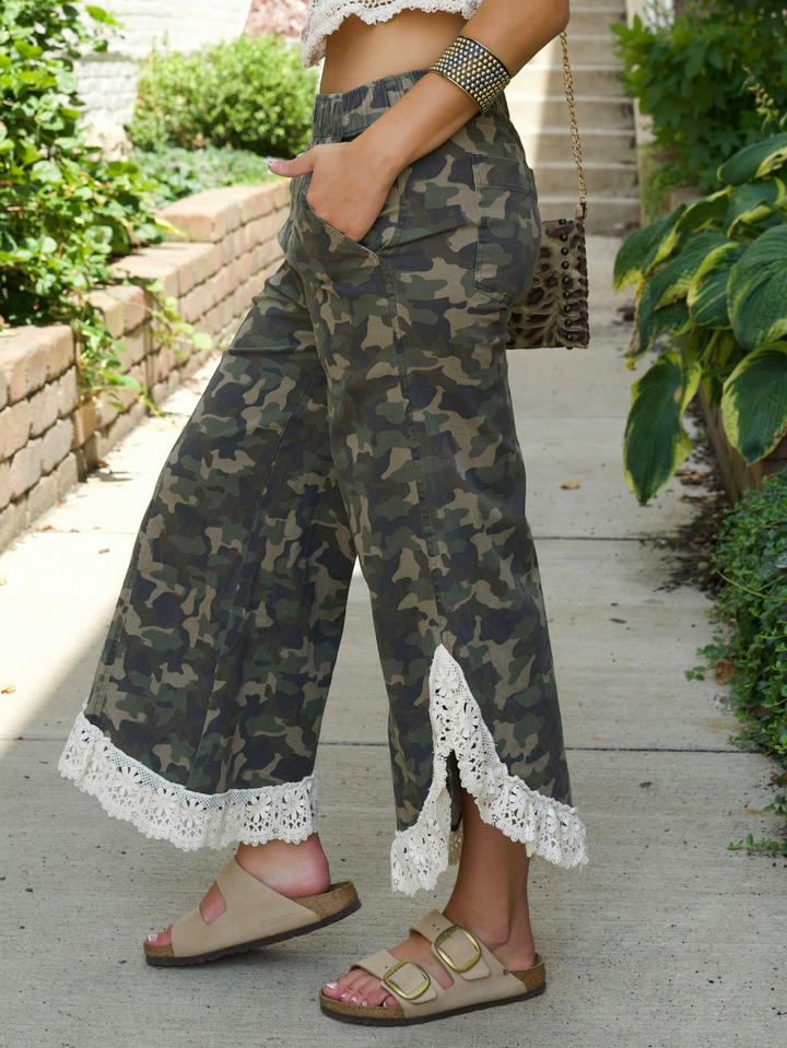 Relaxed Camo Pants with Lace Tulip Hem