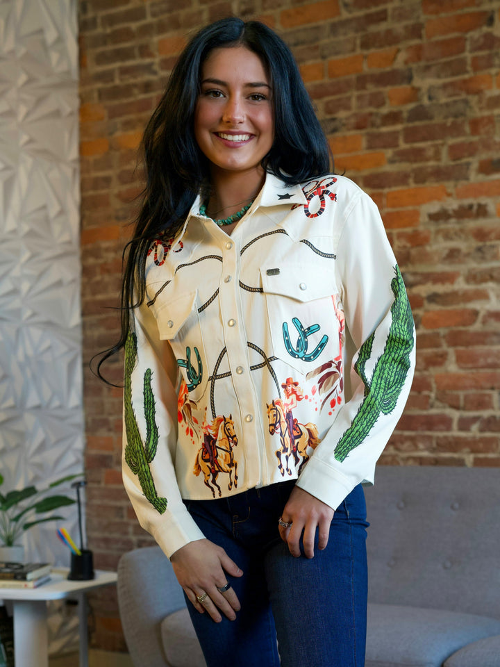 Retro Cowgirl Western Pearl Snap Button Down Shirt