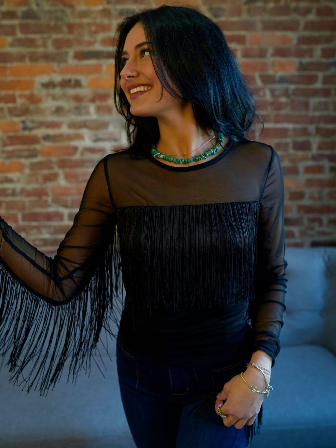 Women’s Black Fringe Trim Long Sleeve Mesh Western Top