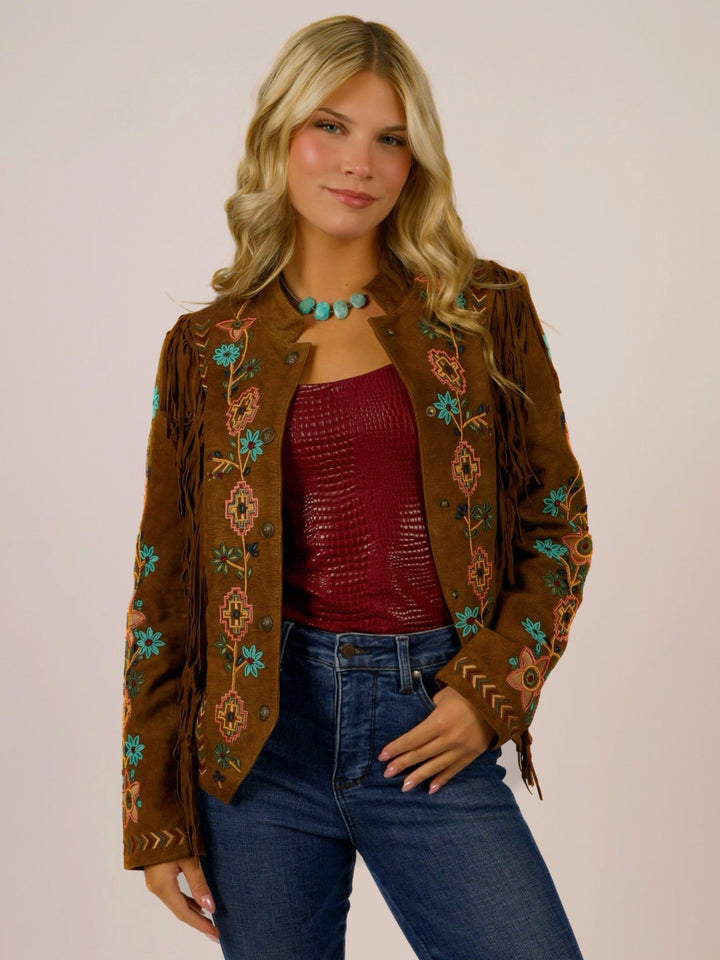 Cognac Leather Suede Beaded Fringe Western Jacket