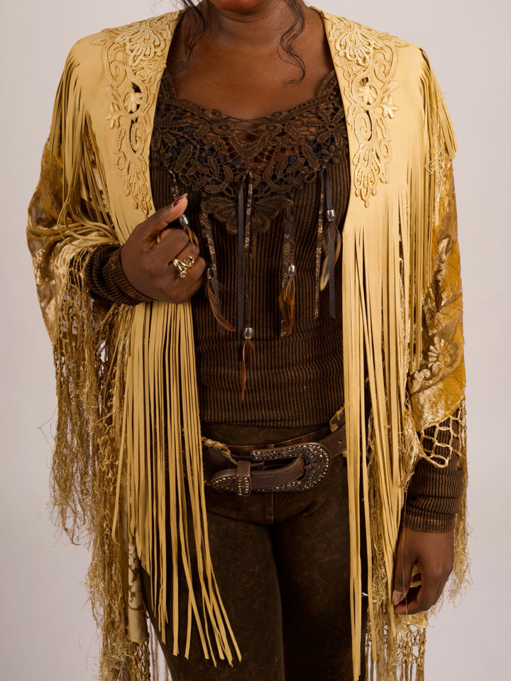 Handcrafted Palomino Deerskin Leather Shoulder Fringe Collar by Pat Dahnke