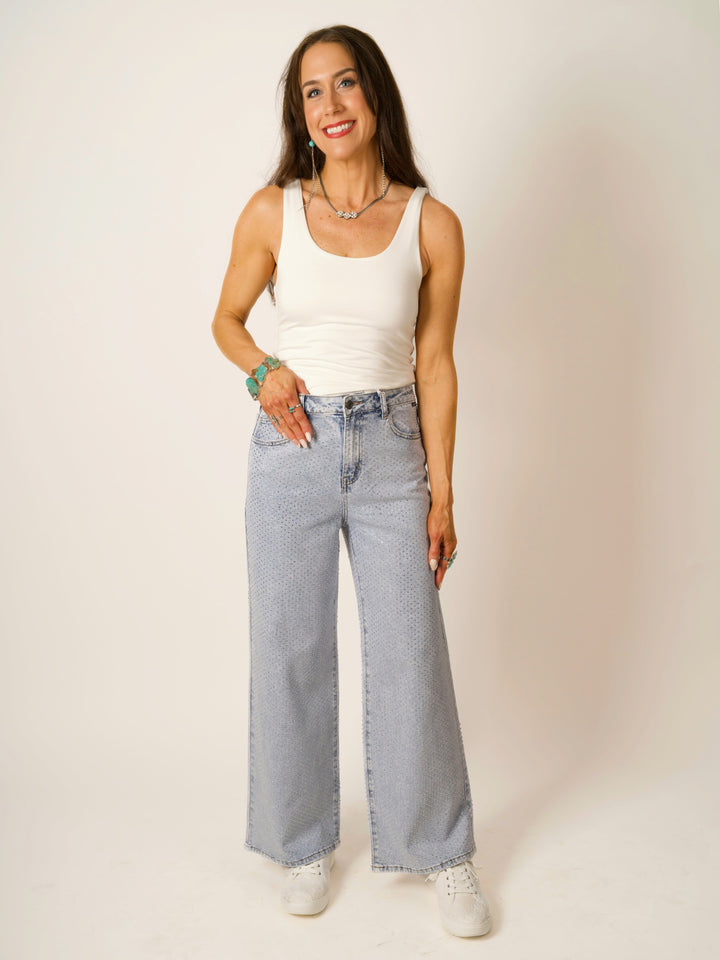 High-Rise Wide-Leg All-Over Rhinestone Jeans