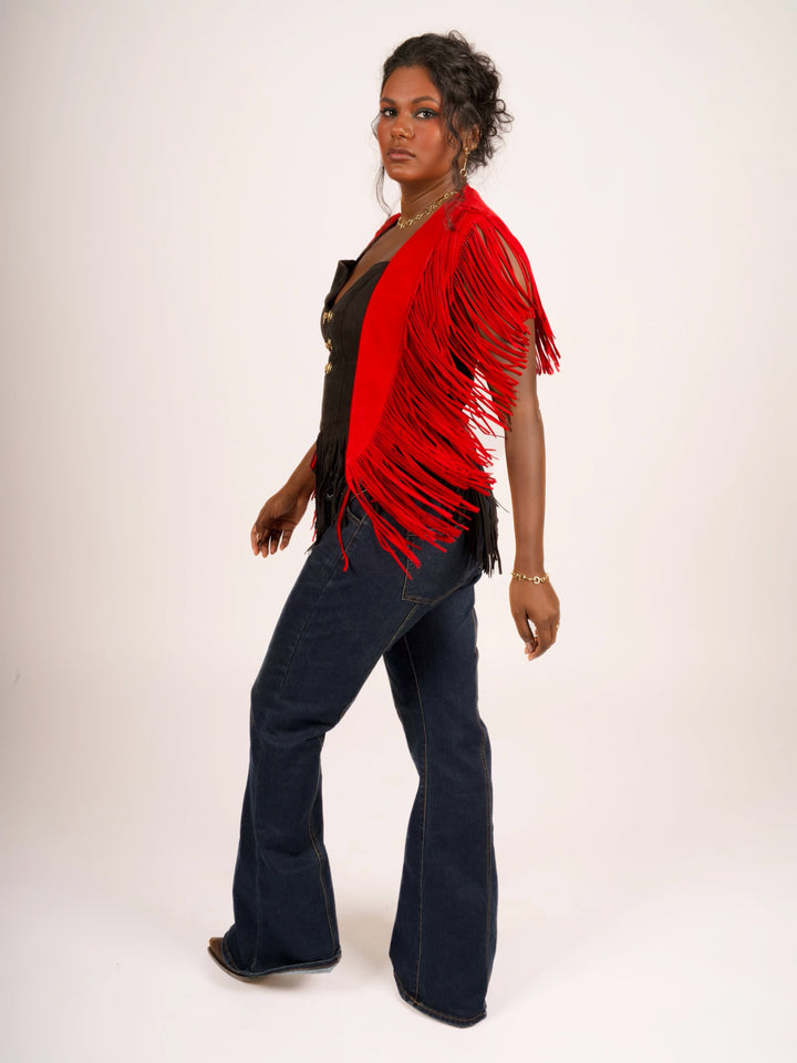 Handcrafted Red Suede Leather Fringe Shoulder Collar