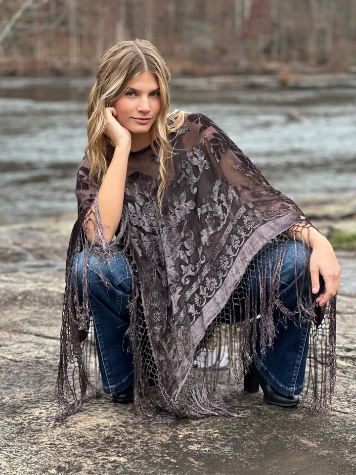 Burnout Velvet Poncho with Fringe