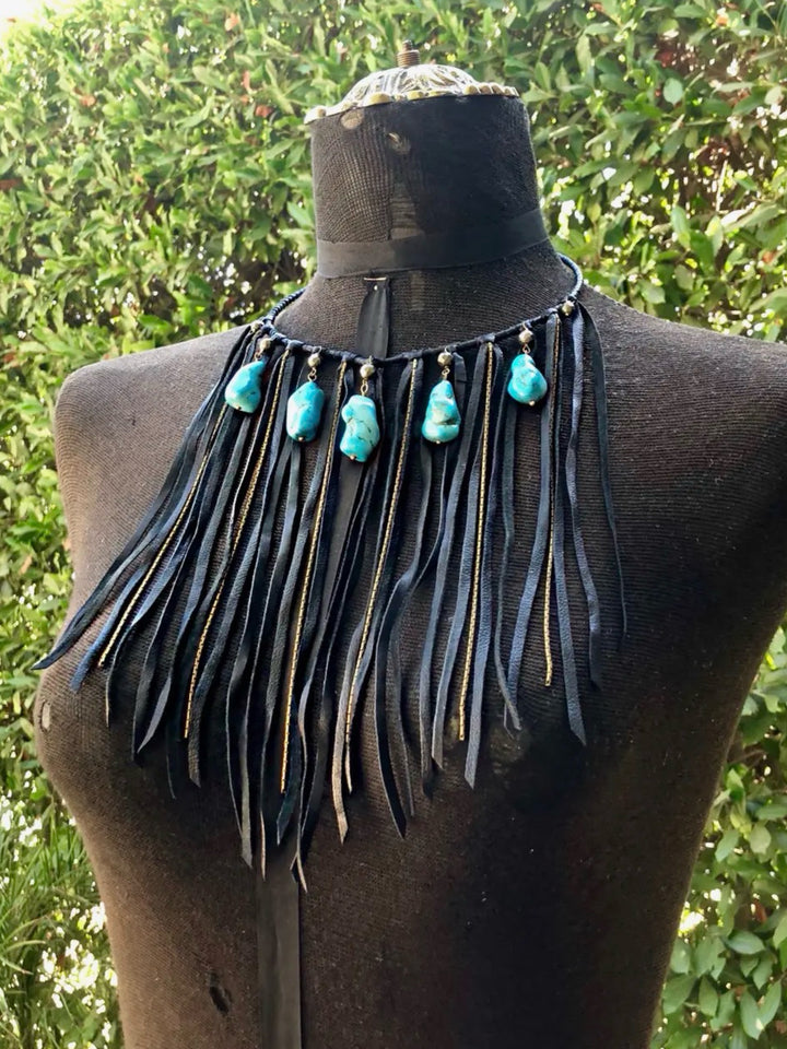 Black Leather  & Turquoise Stone Fringe Collar Necklace