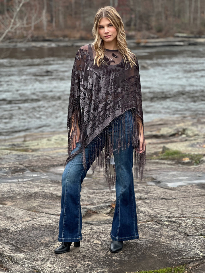 Burnout Velvet Poncho with Fringe