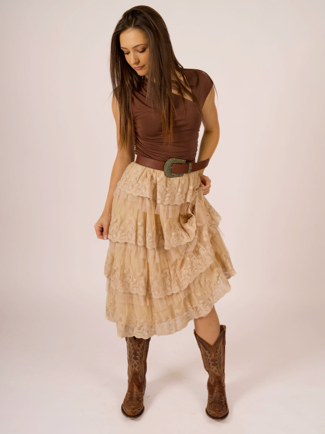 Romantic Vintage Lace Mesh Boho Midi Skirt