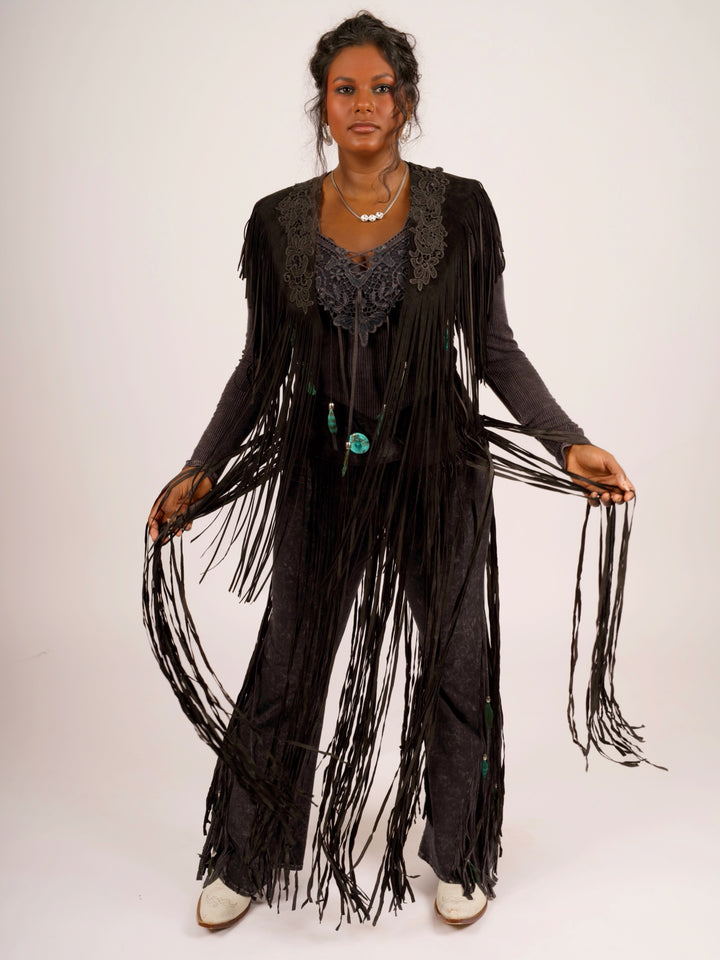 Handcrafted Black Suede Shoulder Fringe Collar by Pat Dahnke