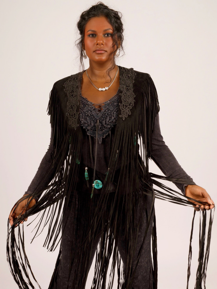 Handcrafted Black Suede Shoulder Fringe Collar by Pat Dahnke