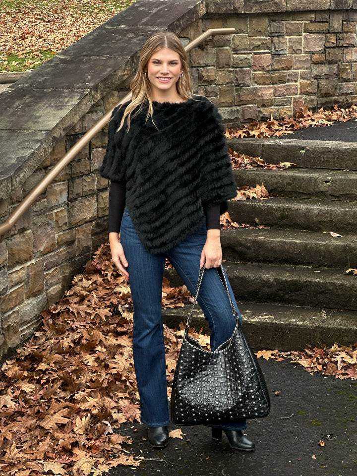 Black Knitted Rabbit Fur Poncho