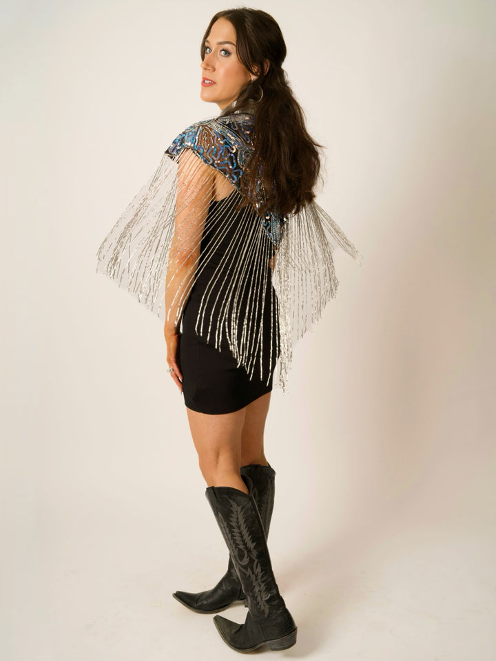 Iridescent Blue Beaded Cape