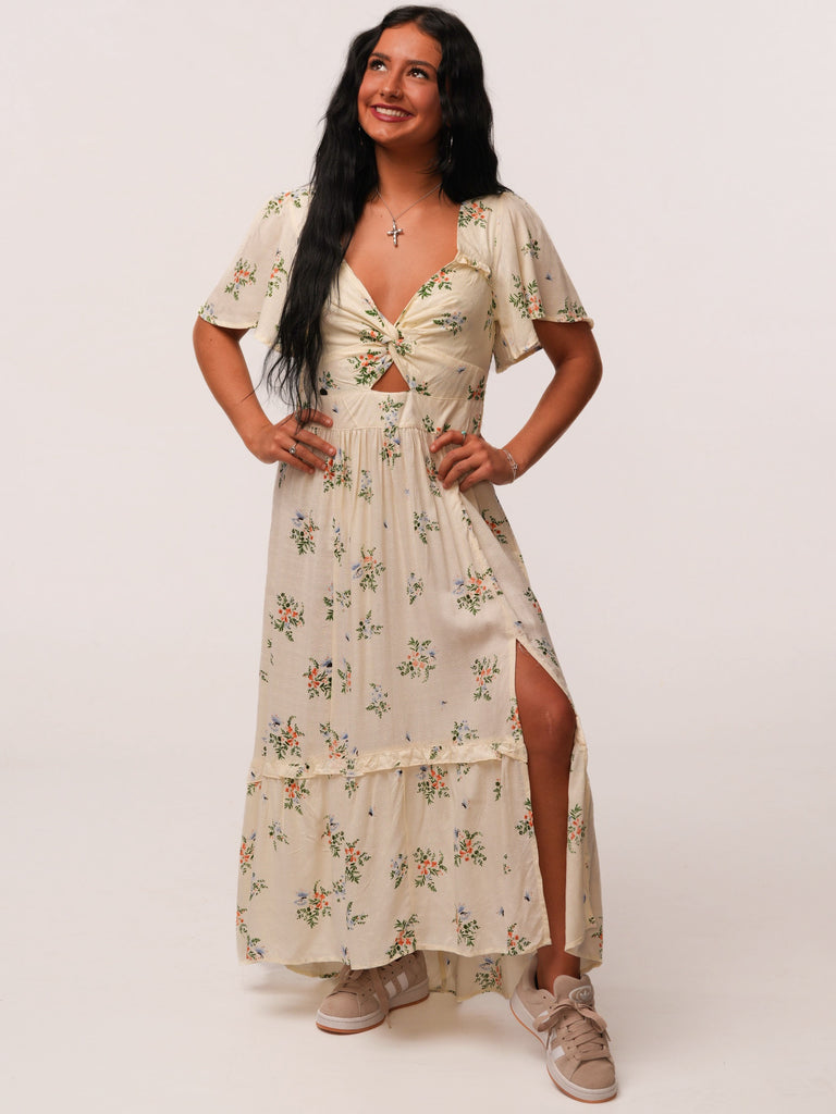 floral eyelet maxi dress Ivory Floral Front Twist Eyelet Maxi Dress Small