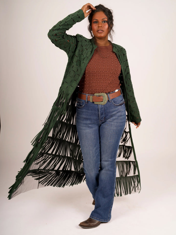 Genuine Suede Leather Laser-Cut Fringe Duster Jacket