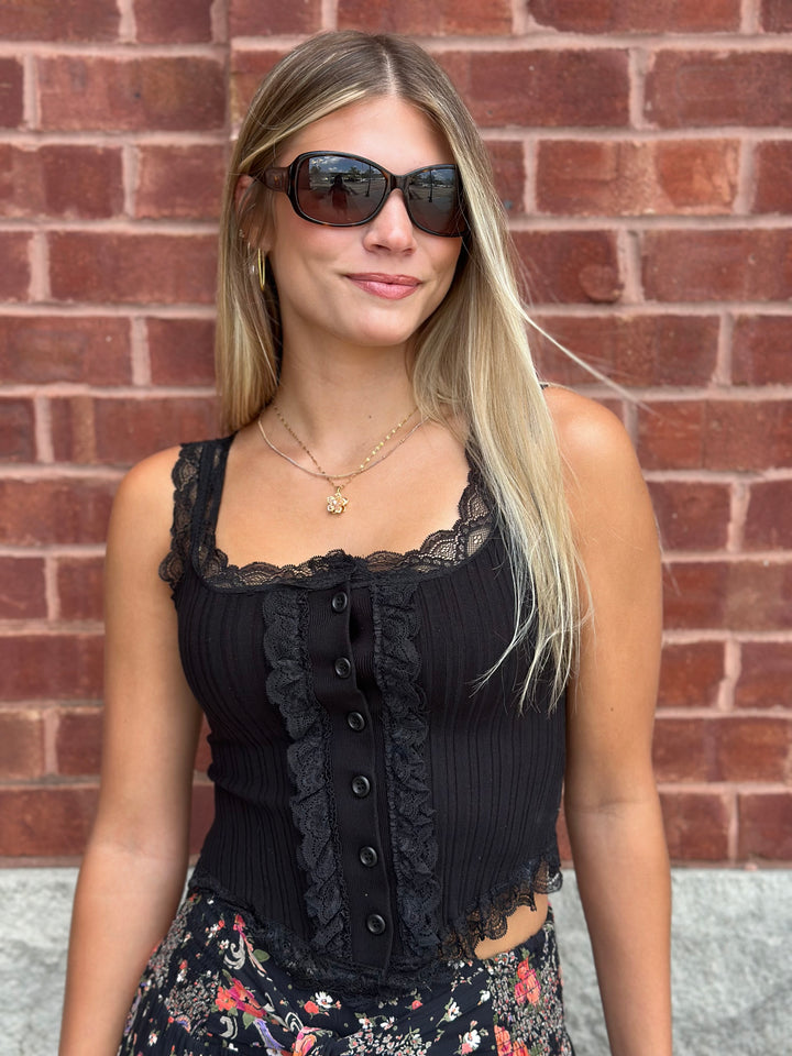 Scalloped Lace Trim Corset Knit Tank Top