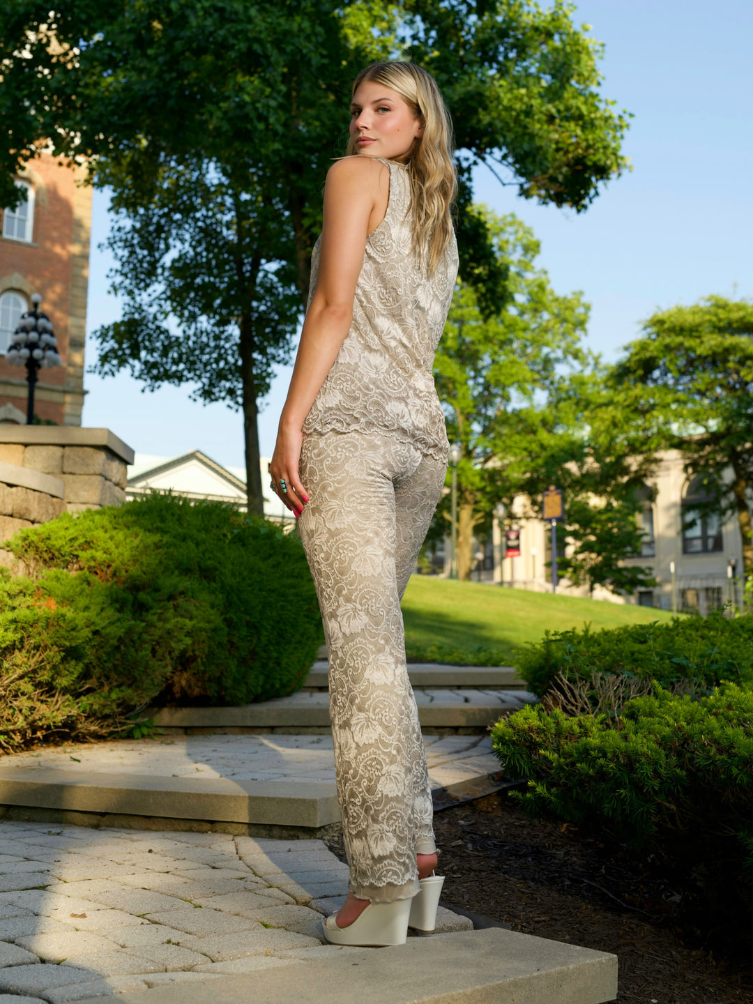 PAT DAHNKE LUXURY Champagne LACE Bootcut LEGGINGS