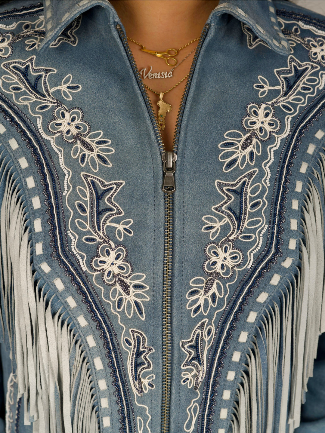Light Blue Women’s Fringe Suede Leather Jacket