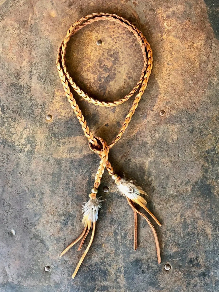Versatile Rust Braided Deerskin Leather Necklace with Pheasant Feathers