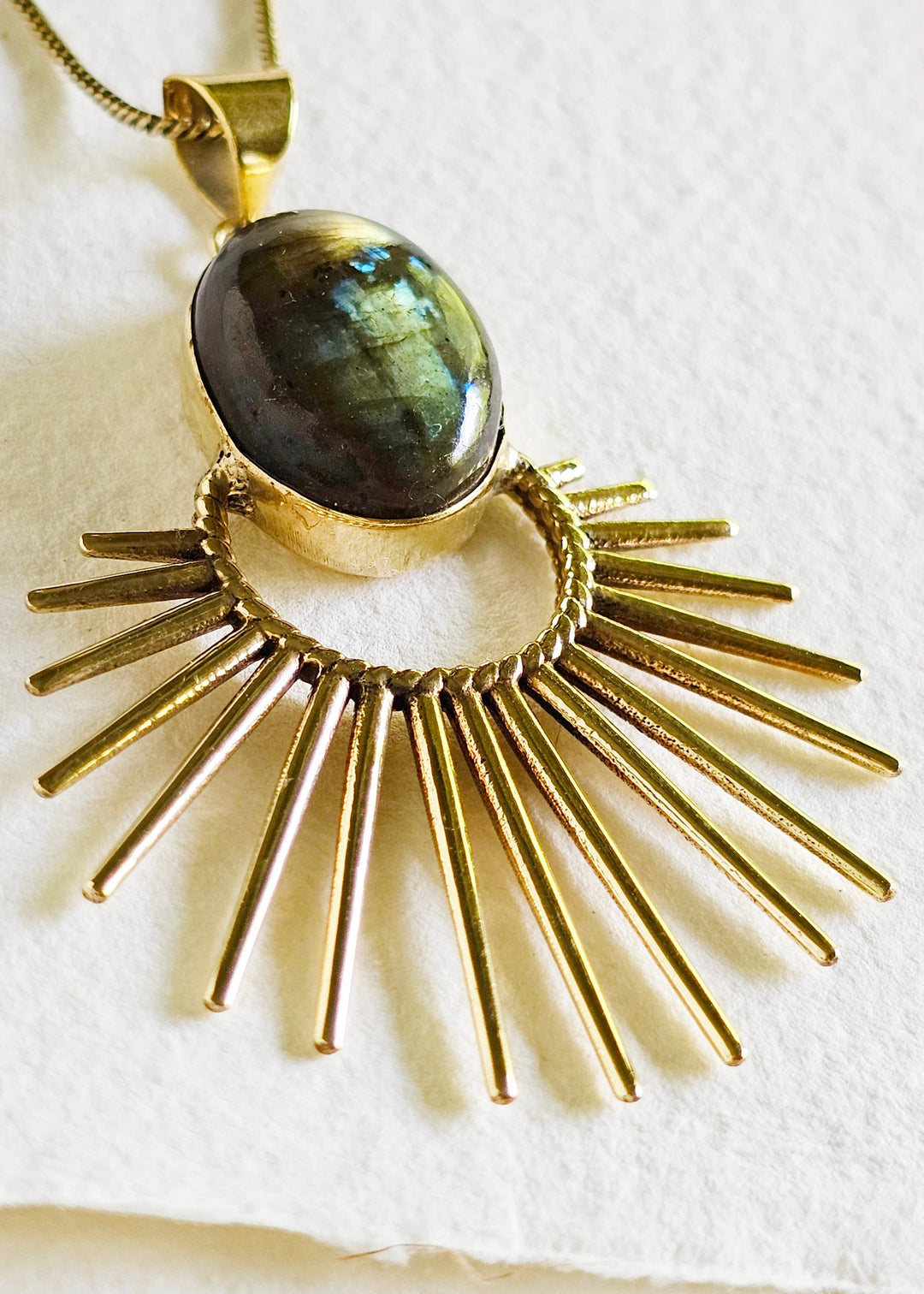 Brass labradorite starburst pendant charm necklace