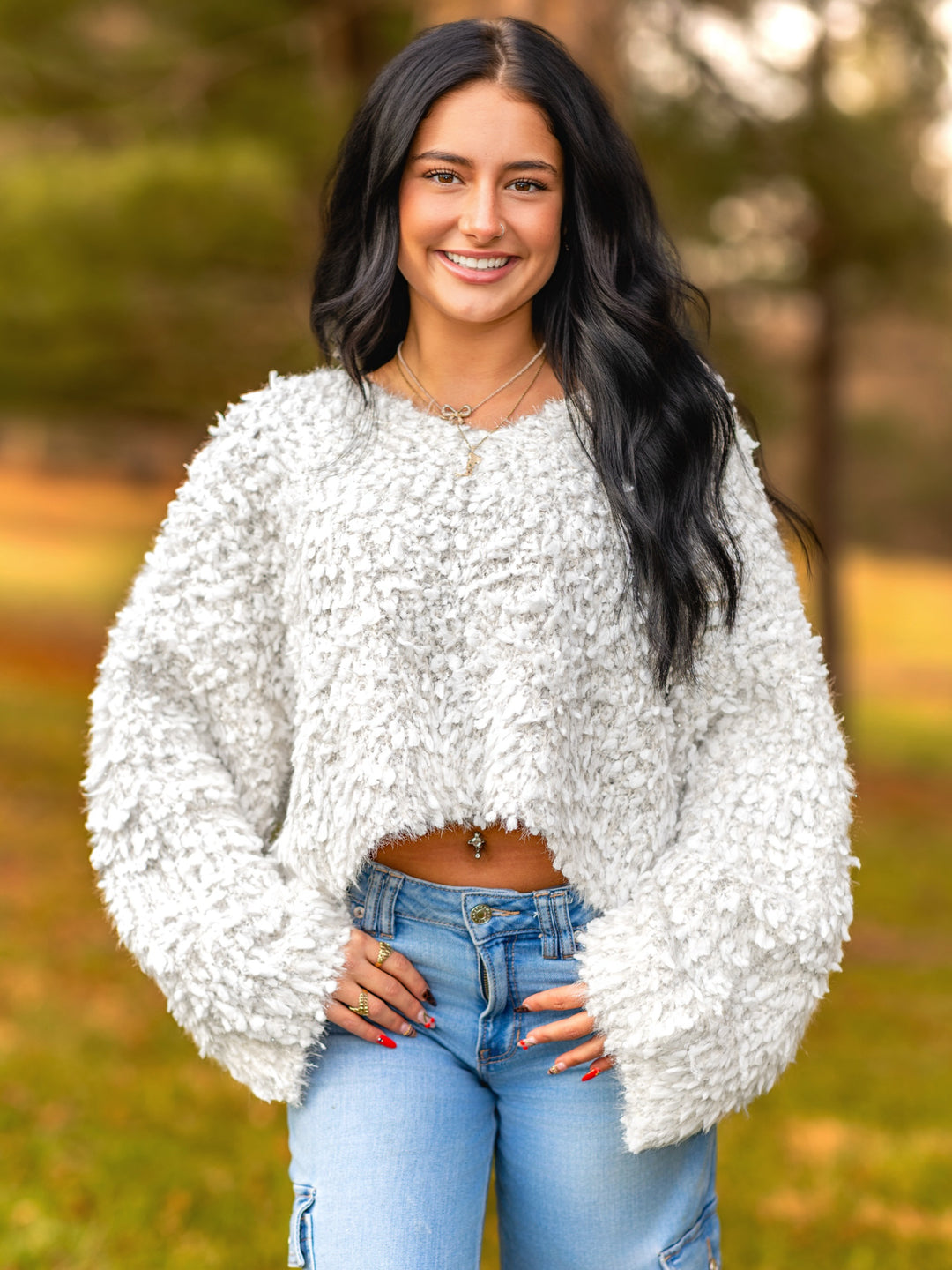 Oversized V-Neck Fuzzy Knit Cropped Sweater