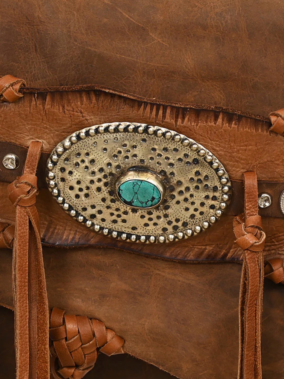 Granada Turquoise Inlay Leather Fringe Crossbody