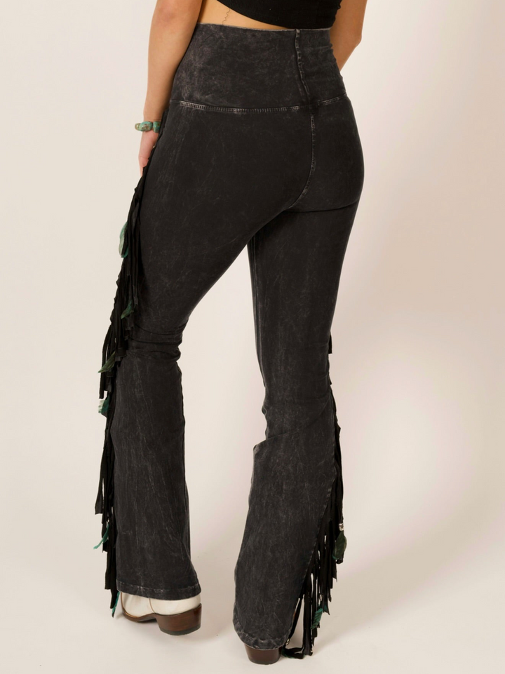 Black Full Fringe & Feather Mineral Wash Western Leggings
