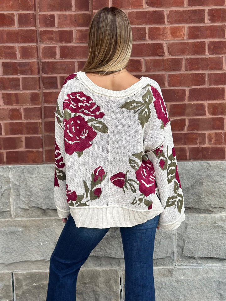 POL Romantic Rose V-Neck Sweater