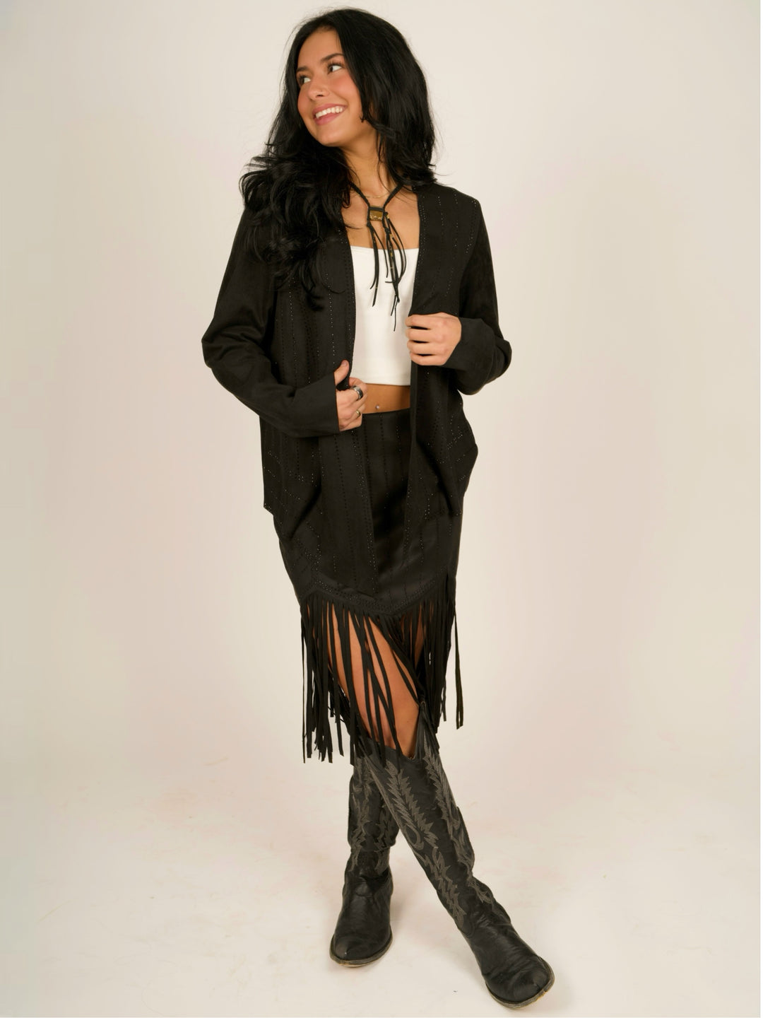 Black Suede Open-Front Jacket with Laser-Cut & Rhinestone Detail