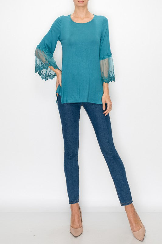 3/4 Sleeve Tunic Top with Lace Detail - Salt and Grace Boutique