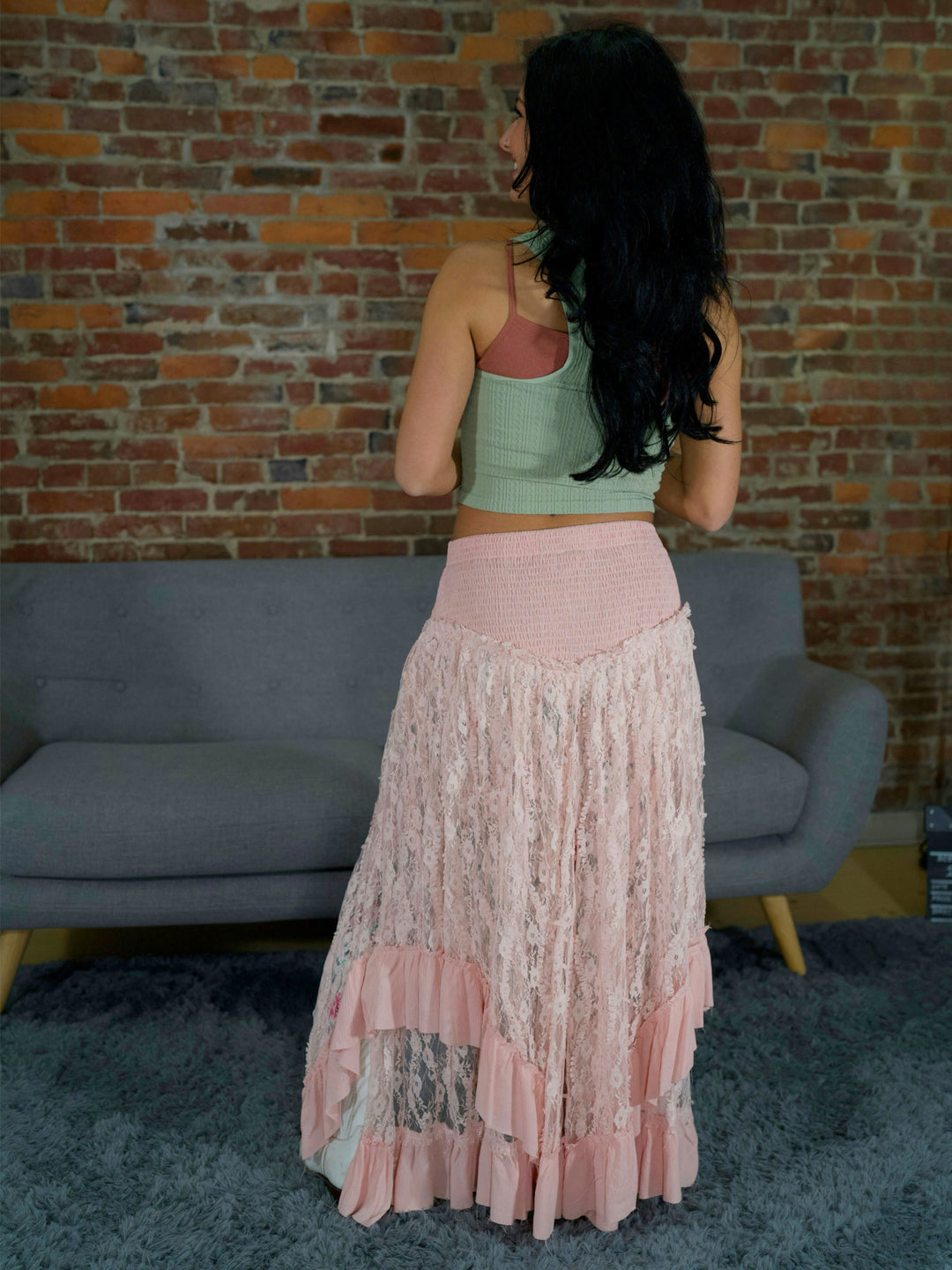 POL Romantic Boho High-Low Lace Skirt with Smocked Waist