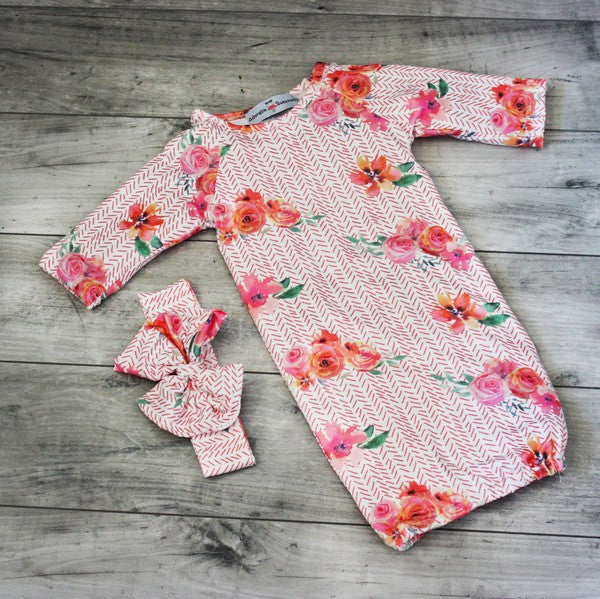 Peach Rose Baby Gown and Bow Headband - Salt and Grace Boutique