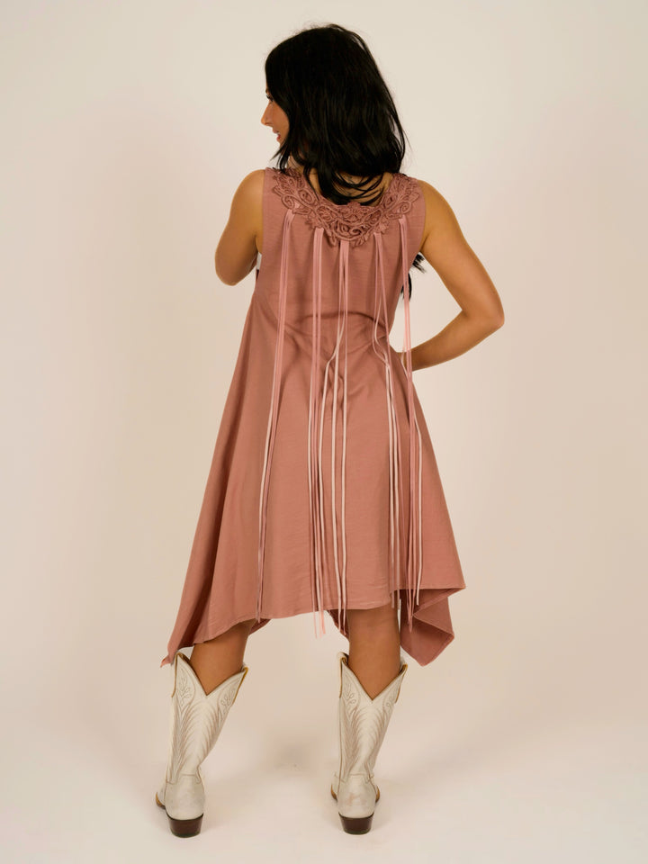 Pink Shark Bite Sleeveless Designer Dress with Pigsuede Fringe & Lace Neckline