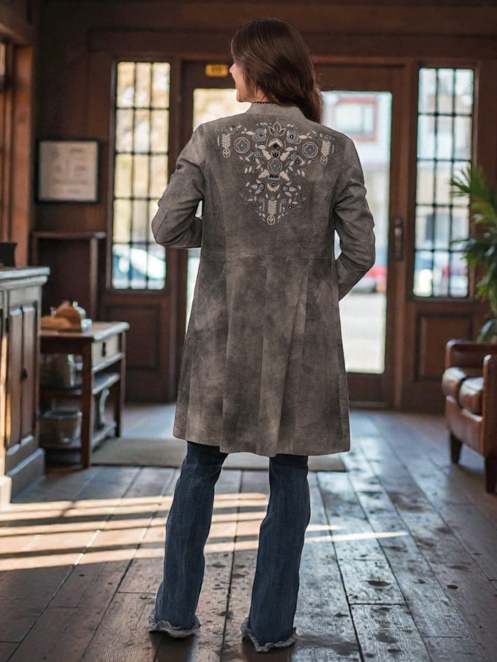 Floral Embroidery Leather Knee Length Jacket