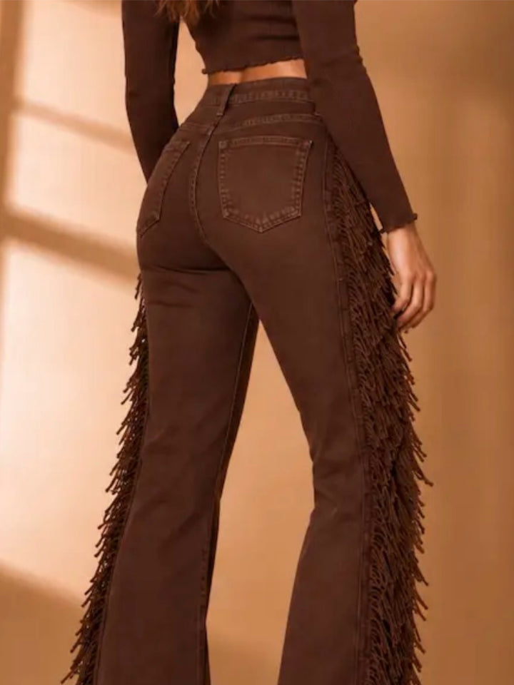 Chocolate Brown High-Waisted Fringe Bootcut Jeans