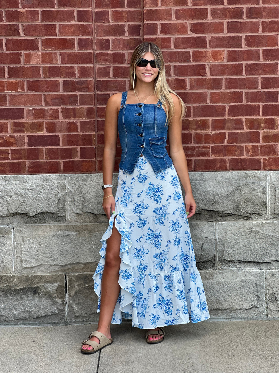High Waist Ruffle Floral Maxi Skirt with Front Slit