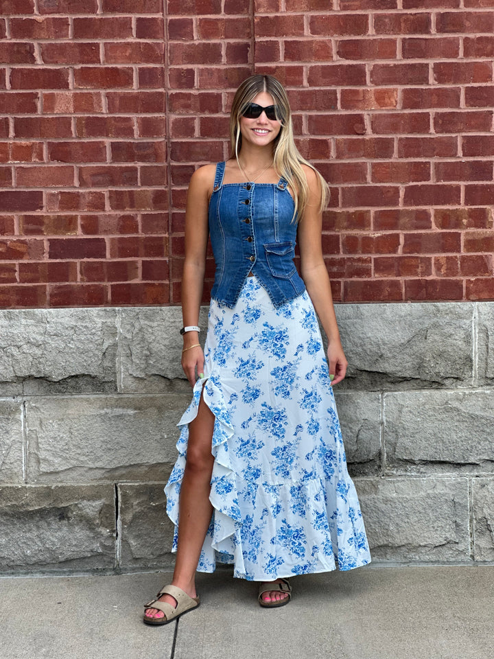 High Waist Ruffle Floral Maxi Skirt with Front Slit